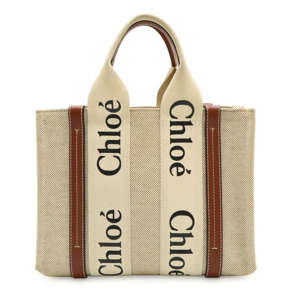 Chloe Woody Tote Bag Handbag Canvas Leather Beige Cream Brown Shoulder strap